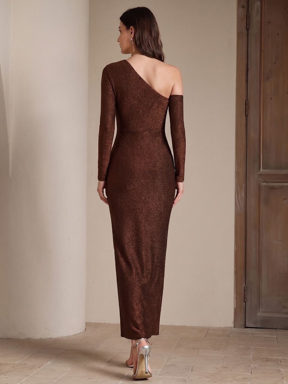 New Fashion Women's Asymmetric Neck Long Sleeve Pleated Dress, Suitable For Dating, Evening Party, Formal Occasion
