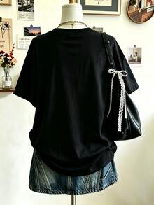 Lalippa Plus Size Women Round Neck Drop Shoulder 3D Letter Casual Loose Fit T-Shirt - Black - View 2