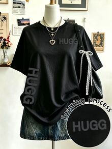 Lalippa Plus Size Women Round Neck Drop Shoulder 3D Letter Casual Loose Fit T-Shirt - Black - View 1