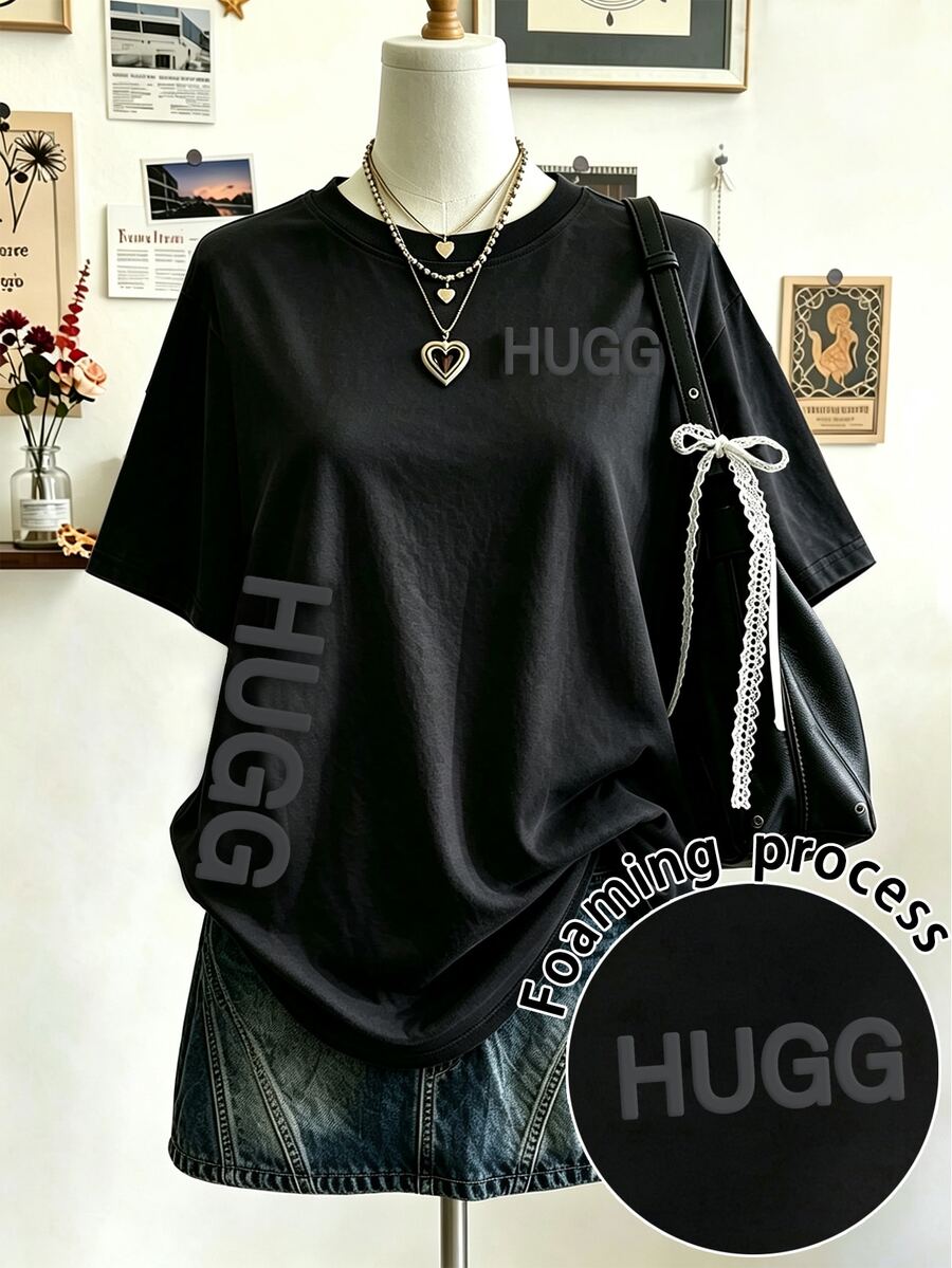 Lalippa Plus Size Women Round Neck Drop Shoulder 3D Letter Casual Loose Fit T-Shirt - Black - View 1