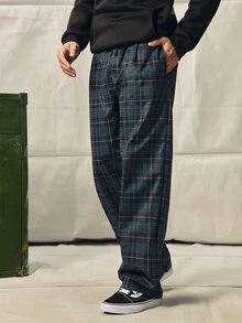 Norleigh Men's Casual Plaid Long Pants, Loose Straight Leg Fit, Elastic Drawstring Waist - Black - View 3