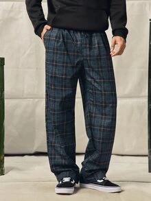 Norleigh Men's Casual Plaid Long Pants, Loose Straight Leg Fit, Elastic Drawstring Waist - Black - View 1