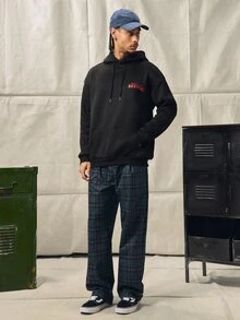 Norleigh Men's Casual Plaid Long Pants, Loose Straight Leg Fit, Elastic Drawstring Waist - Black - View 4