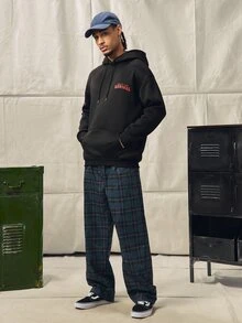Norleigh Men's Casual Plaid Long Pants, Loose Straight Leg Fit, Elastic Drawstring Waist - Black - View 7