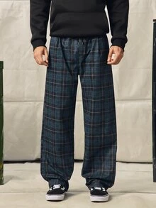Norleigh Men's Casual Plaid Long Pants, Loose Straight Leg Fit, Elastic Drawstring Waist - Black - View 6
