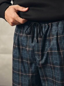 Norleigh Men's Casual Plaid Long Pants, Loose Straight Leg Fit, Elastic Drawstring Waist - Black - View 5