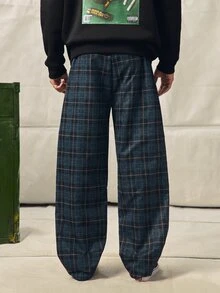 Norleigh Men's Casual Plaid Long Pants, Loose Straight Leg Fit, Elastic Drawstring Waist - Black - View 2