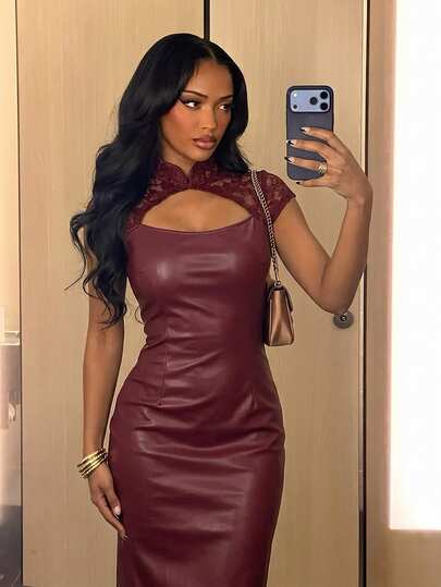 Aloruh Women's Autumn/Winter New Burgundy Elegant Sexy Minimalist Casual Rock Party Y2K Hot Girl Daily Commute Dinner Date Lace Patchwork PU Short Sleeve Cutout Long Dress