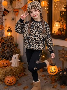 Genkimix Kids 青少年女孩韓式活力風卡其黑運動衫蝴蝶結修身長褲兩件套，休閒可愛運動風長袖套裝，適合秋季 - 黑色 - 查看 3