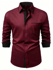 Manfinity Mode Kemeja Lengan Panjang Pria Warna Polos Kasual Serbaguna untuk Pemakaian Sehari-hari, Formal, Gaya Klasik - Burgundy - View 2