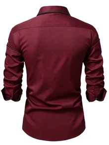 Manfinity Mode Kemeja Lengan Panjang Pria Warna Polos Kasual Serbaguna untuk Pemakaian Sehari-hari, Formal, Gaya Klasik - Burgundy - View 3