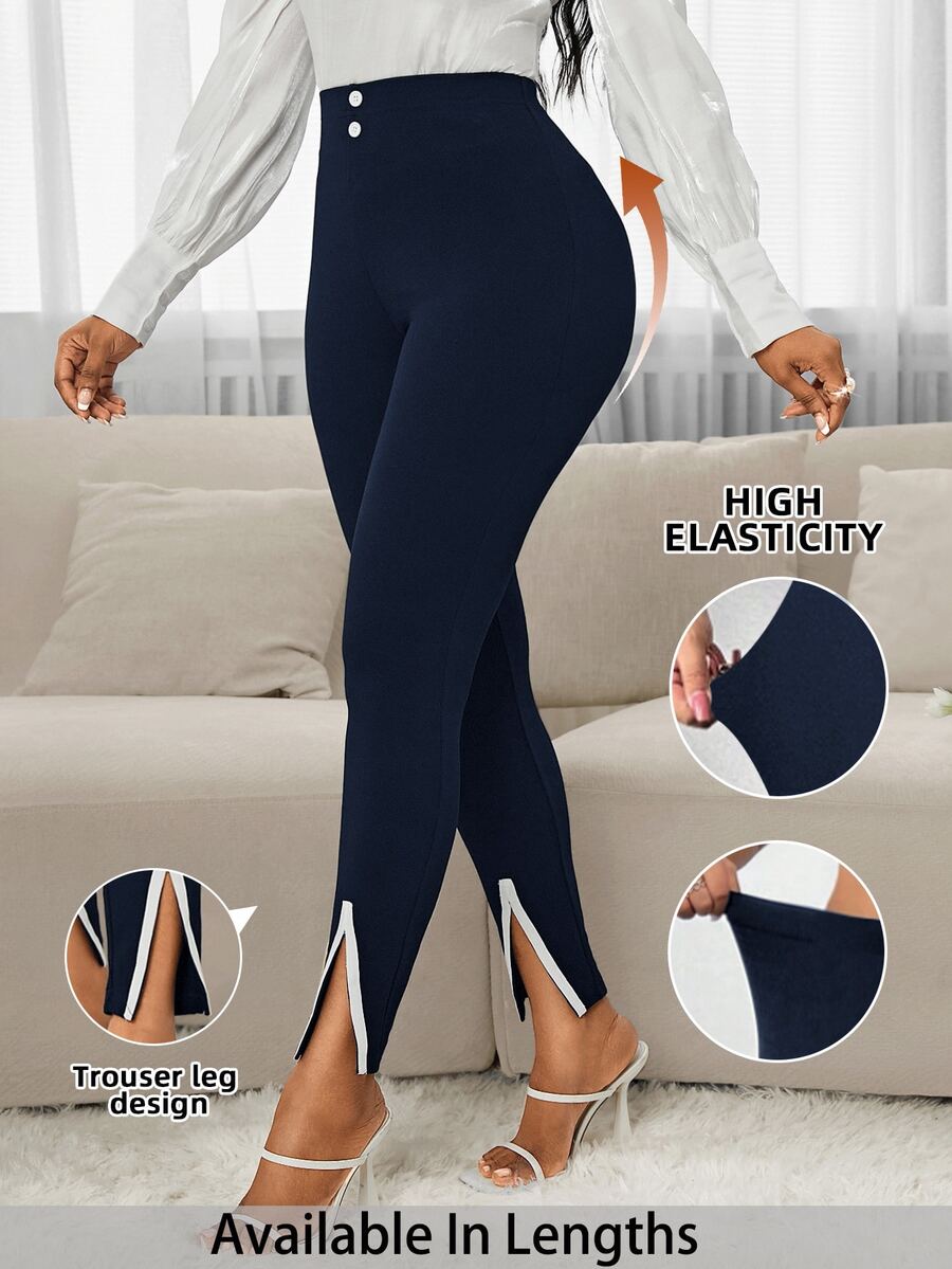SHEIN PETITE CURVE 女款大尺碼休閒條紋拼色開衩褲 - 藏蓝色 - 查看 1