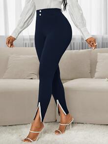 SHEIN PETITE CURVE 女款大尺碼休閒條紋拼色開衩褲 - 藏蓝色 - 查看 4