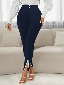 SHEIN PETITE CURVE 女款大尺碼休閒條紋拼色開衩褲 - 藏蓝色 - 查看 5