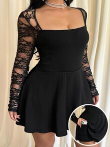 GalTyme Combinaison grande taille de couleur unie avec patchwork en dentelle - Noir - Voir 3