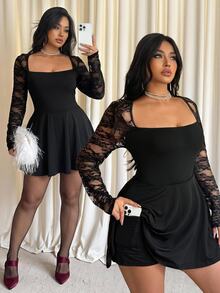 GalTyme Combinaison grande taille de couleur unie avec patchwork en dentelle - Noir - Voir 1