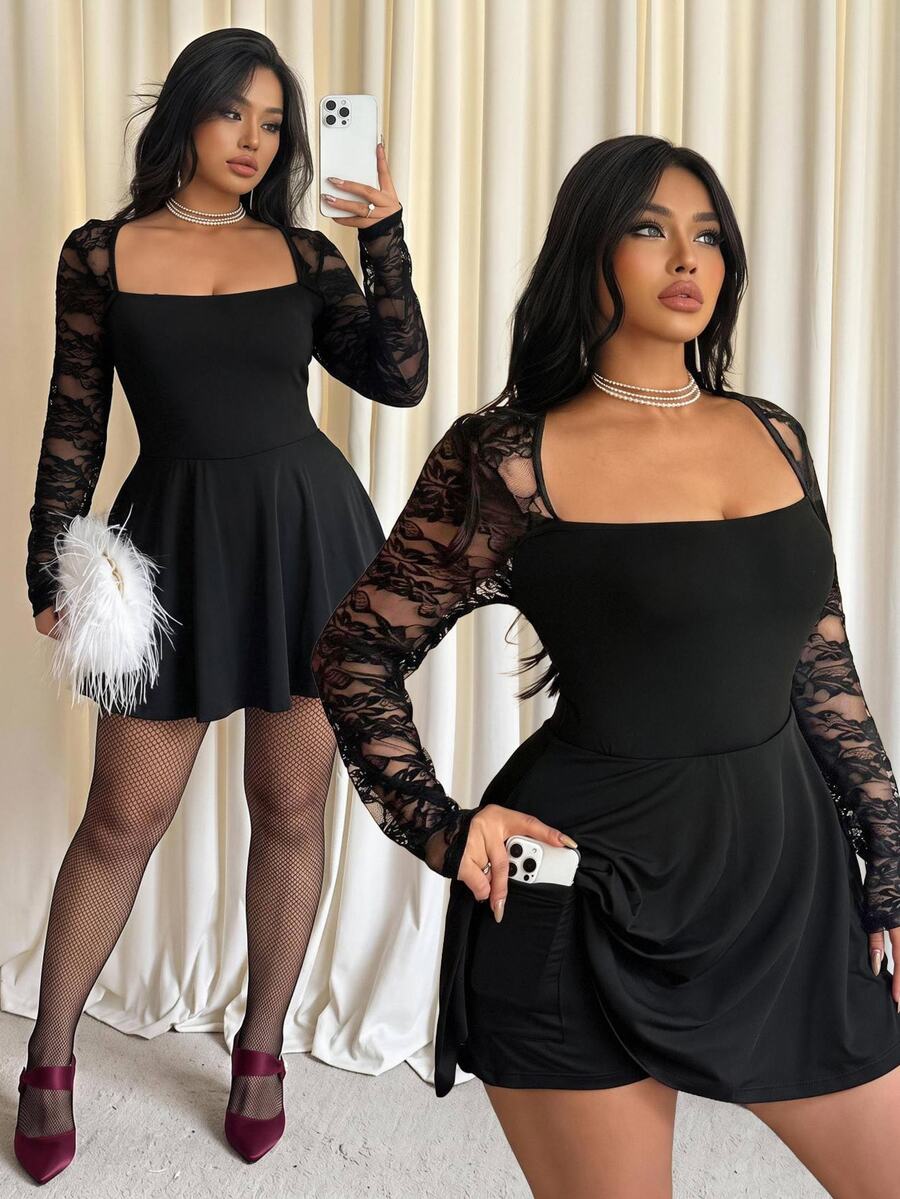 GalTyme Combinaison grande taille de couleur unie avec patchwork en dentelle - Noir - Voir 1