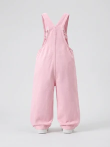 SHEIN Elladie kids 女童牛仔吊帶褲，四季新款，休閒百搭復古粉色與牛仔色，粉色與白色愛心刺繡，寬鬆直筒版型，舒適優質棉質牛仔面料，時尚日常穿著，女童牛仔吊帶褲 - 粉色 - 查看 3