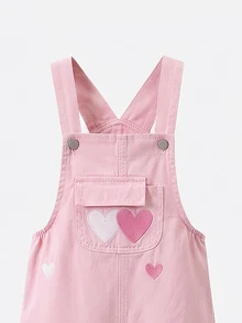 SHEIN Elladie kids 女童牛仔吊帶褲，四季新款，休閒百搭復古粉色與牛仔色，粉色與白色愛心刺繡，寬鬆直筒版型，舒適優質棉質牛仔面料，時尚日常穿著，女童牛仔吊帶褲 - 粉色 - 查看 8