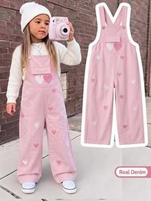 SHEIN Elladie kids 女童牛仔吊帶褲，四季新款，休閒百搭復古粉色與牛仔色，粉色與白色愛心刺繡，寬鬆直筒版型，舒適優質棉質牛仔面料，時尚日常穿著，女童牛仔吊帶褲 - 粉色 - 查看 4