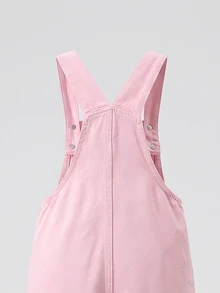 SHEIN Elladie kids 女童牛仔吊帶褲，四季新款，休閒百搭復古粉色與牛仔色，粉色與白色愛心刺繡，寬鬆直筒版型，舒適優質棉質牛仔面料，時尚日常穿著，女童牛仔吊帶褲 - 粉色 - 查看 7
