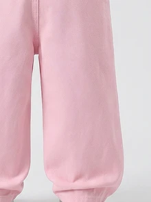 SHEIN Elladie kids 女童牛仔吊帶褲，四季新款，休閒百搭復古粉色與牛仔色，粉色與白色愛心刺繡，寬鬆直筒版型，舒適優質棉質牛仔面料，時尚日常穿著，女童牛仔吊帶褲 - 粉色 - 查看 5