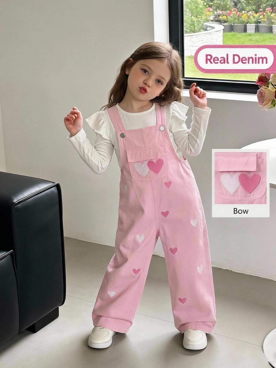 SHEIN Elladie kids 女童牛仔吊帶褲,四季新款,休閒百搭復古粉色與牛仔色,粉色與白色愛心刺繡,寬鬆直筒版型,舒適優質棉質牛仔面料,時尚日常穿著,女童牛仔吊帶褲 - 粉色 - 查看 1