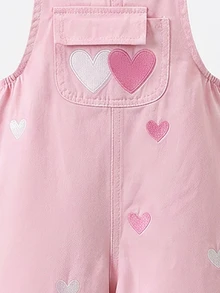 SHEIN Elladie kids 女童牛仔吊帶褲，四季新款，休閒百搭復古粉色與牛仔色，粉色與白色愛心刺繡，寬鬆直筒版型，舒適優質棉質牛仔面料，時尚日常穿著，女童牛仔吊帶褲 - 粉色 - 查看 9