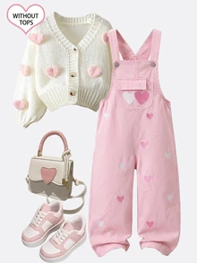 SHEIN Elladie kids 女童牛仔吊帶褲，四季新款，休閒百搭復古粉色與牛仔色，粉色與白色愛心刺繡，寬鬆直筒版型，舒適優質棉質牛仔面料，時尚日常穿著，女童牛仔吊帶褲 - 粉色 - 查看 2