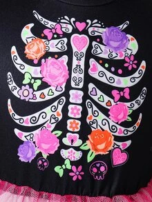 SHEIN 女童小女孩骷髏與花卉圖案漸層網紗洋裝，萬聖節黑色洋裝，秋季風格秋季洋裝 - 黑色 - 查看 9