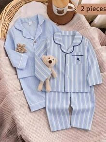 Baby Boy Striped Collared Contrast Trim Long Sleeve Loose Thick Open Front Autumn Top And Straight Leg Pants Set, Versatile For Winter - Blue and White - View 1