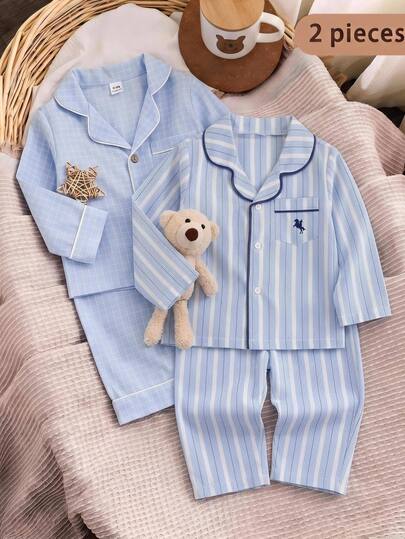 Baby Boy Striped Collared Contrast Trim Long Sleeve Loose Thick Open Front Autumn Top And Straight Leg Pants Set, Versatile For Winter