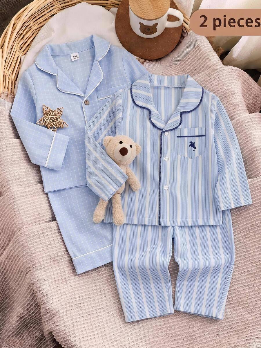 Baby Boy Striped Collared Contrast Trim Long Sleeve Loose Thick Open Front Autumn Top And Straight Leg Pants Set, Versatile For Winter - Blue and White - View 1