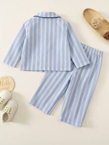 Baby Boy Striped Collared Contrast Trim Long Sleeve Loose Thick Open Front Autumn Top And Straight Leg Pants Set, Versatile For Winter - Blue and White - View 2