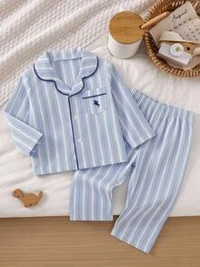 Baby Boy Striped Collared Contrast Trim Long Sleeve Loose Thick Open Front Autumn Top And Straight Leg Pants Set, Versatile For Winter - Blue and White - View 9