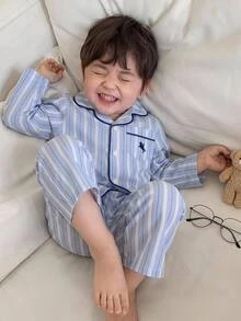 Baby Boy Striped Collared Contrast Trim Long Sleeve Loose Thick Open Front Autumn Top And Straight Leg Pants Set, Versatile For Winter - Blue and White - View 4