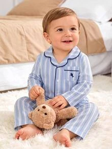 Baby Boy Striped Collared Contrast Trim Long Sleeve Loose Thick Open Front Autumn Top And Straight Leg Pants Set, Versatile For Winter - Blue and White - View 8