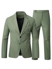Manfinity Mode Men's Casual Business 2 Pieces Suit, Solid Color Blazer And Pants Suit Set, Simple Fashion Casual Daily, Formal, Old Money - Green - View 5