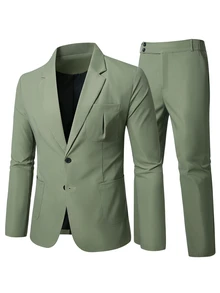 Manfinity Mode Men's Casual Business 2 Pieces Suit, Solid Color Blazer And Pants Suit Set, Simple Fashion Casual Daily, Formal, Old Money - Green - View 6
