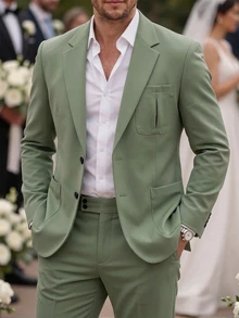 Manfinity Mode Men's Casual Business 2 Pieces Suit, Solid Color Blazer And Pants Suit Set, Simple Fashion Casual Daily, Formal, Old Money - Green - View 3