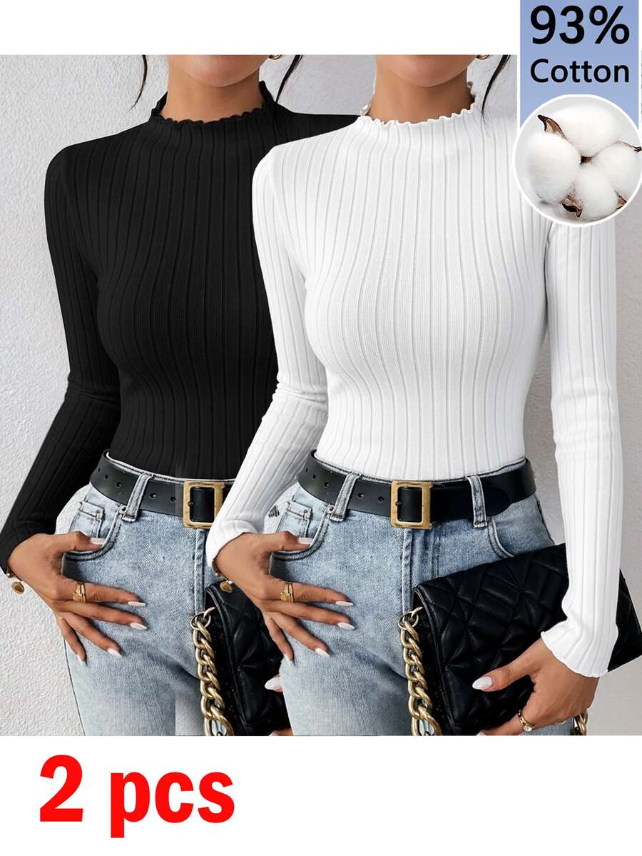 SHEIN Frenchy 女款 93% 棉羅紋 2 件組 黑/白長袖基礎 T 恤-居家休閒/通勤/旅行/四季皆宜 - 彩色 - 查看 1