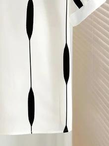 Franclia 女款優雅條紋翻領寬鬆短袖襯衫，黑白格紋，夏季，優雅，辦公穿搭，金屬鈕扣，通勤休閒白色上衣 - 白色 - 查看 6