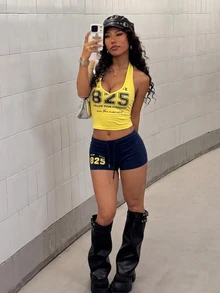 StreetHx Petite Women's Graphic Print Tank Top And Low Waist Shorts 2 Pieces Set - Yellow - View 3
