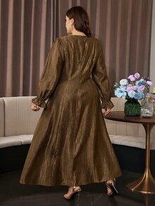 Modelyn Plus Size Women's Fashion Faux Pearl Button Cinched Cinched Waist Flare Dress - Coffee Brown - View 2