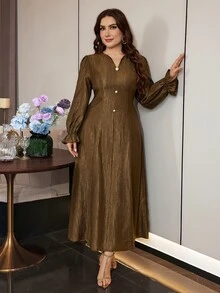 Modelyn Plus Size Women's Fashion Faux Pearl Button Cinched Cinched Waist Flare Dress - Coffee Brown - View 7