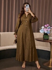 Modelyn Plus Size Women's Fashion Faux Pearl Button Cinched Cinched Waist Flare Dress - Coffee Brown - View 3