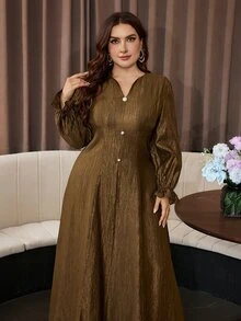 Modelyn Plus Size Women's Fashion Faux Pearl Button Cinched Cinched Waist Flare Dress - Coffee Brown - View 5