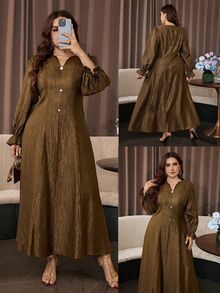 Modelyn Plus Size Women's Fashion Faux Pearl Button Cinched Cinched Waist Flare Dress - Coffee Brown - View 1