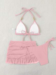 SHEIN Swim 女款夏季性感純色V領掛脖綁帶比基尼三件套，附外罩衫 - 粉色 - 查看 3