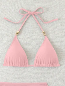 SHEIN Swim 女款夏季性感純色V領掛脖綁帶比基尼三件套，附外罩衫 - 粉色 - 查看 4